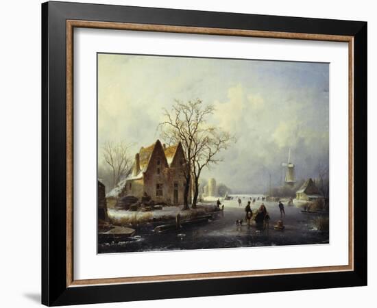 Skaters in a Frozen Winter Landscape-Andreas Schelfhout-Framed Giclee Print