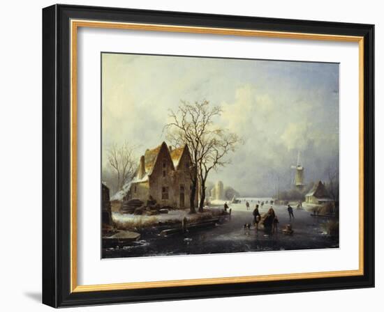 Skaters in a Frozen Winter Landscape-Andreas Schelfhout-Framed Giclee Print