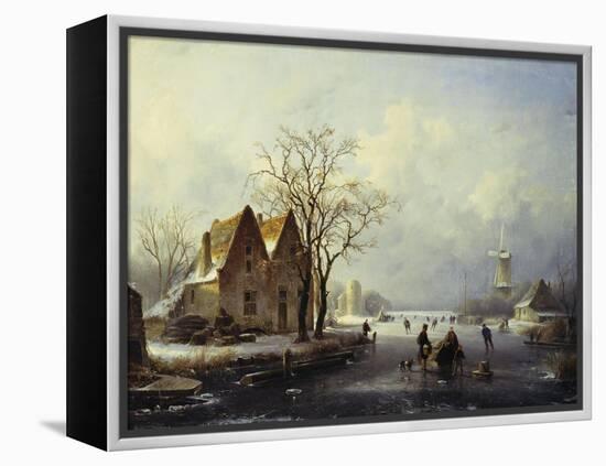 Skaters in a Frozen Winter Landscape-Andreas Schelfhout-Framed Premier Image Canvas