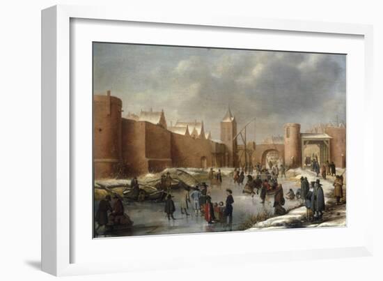 Skaters, Kolf Players, Elegant Ladies and Gentlemen on a Frozen Moat outside City Walls of Kampen-Barent Avercamp-Framed Giclee Print