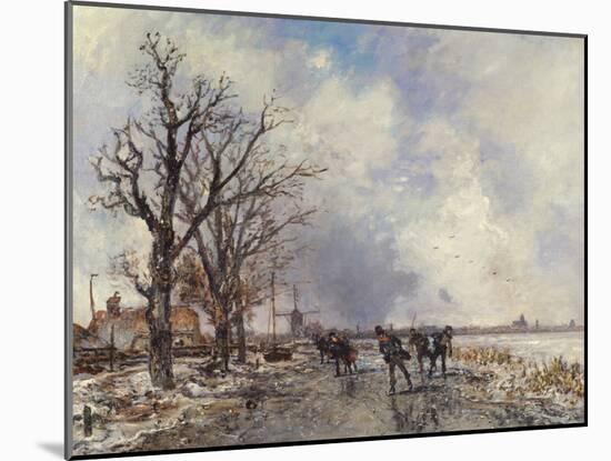 Skaters on the River Schie, near Rotterdam, 1866 (Oil on Canvas)-Johan-Barthold Jongkind-Mounted Giclee Print