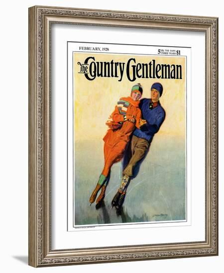 "Skating Couple," Country Gentleman Cover, February 1, 1928-McClelland Barclay-Framed Giclee Print