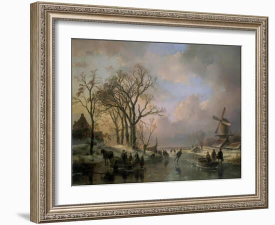 Skating in Holland, Showing a Winter Scene with Ice-Scaters and with a Windmill in the Background-Andreas Schelfhout-Framed Giclee Print