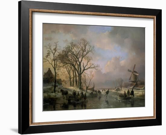 Skating in Holland, Showing a Winter Scene with Ice-Scaters and with a Windmill in the Background-Andreas Schelfhout-Framed Giclee Print