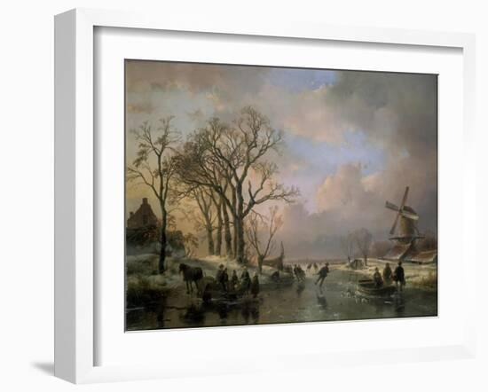 Skating in Holland, Showing a Winter Scene with Ice-Scaters and with a Windmill in the Background-Andreas Schelfhout-Framed Giclee Print