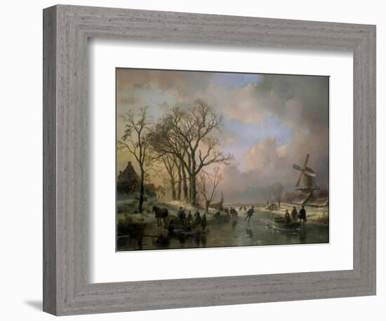 Skating in Holland, Showing a Winter Scene with Ice-Scaters and with a Windmill in the Background-Andreas Schelfhout-Framed Giclee Print