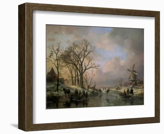 Skating in Holland, Showing a Winter Scene with Ice-Scaters and with a Windmill in the Background-Andreas Schelfhout-Framed Giclee Print