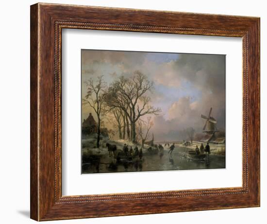 Skating in Holland, Showing a Winter Scene with Ice-Scaters and with a Windmill in the Background-Andreas Schelfhout-Framed Giclee Print