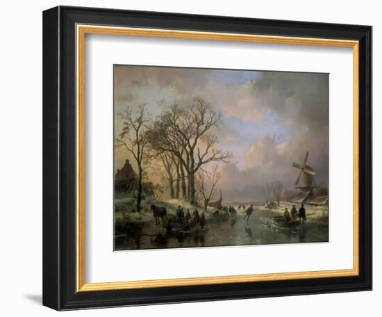 Skating in Holland, Showing a Winter Scene with Ice-Scaters and with a Windmill in the Background-Andreas Schelfhout-Framed Giclee Print