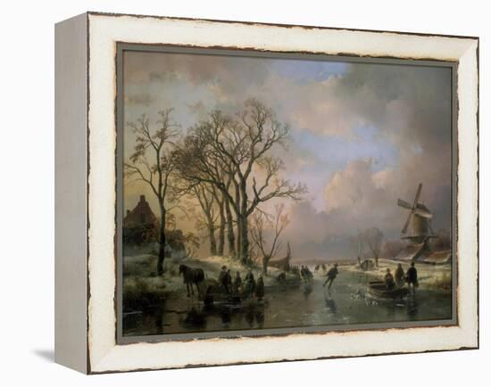 Skating in Holland, Showing a Winter Scene with Ice-Scaters and with a Windmill in the Background-Andreas Schelfhout-Framed Premier Image Canvas