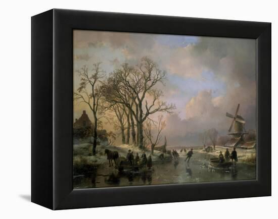 Skating in Holland, Showing a Winter Scene with Ice-Scaters and with a Windmill in the Background-Andreas Schelfhout-Framed Premier Image Canvas