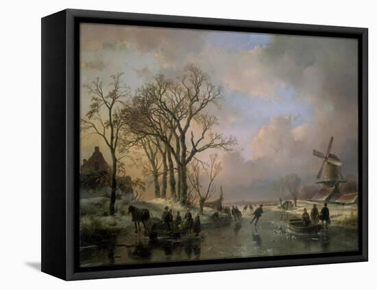 Skating in Holland, Showing a Winter Scene with Ice-Scaters and with a Windmill in the Background-Andreas Schelfhout-Framed Premier Image Canvas