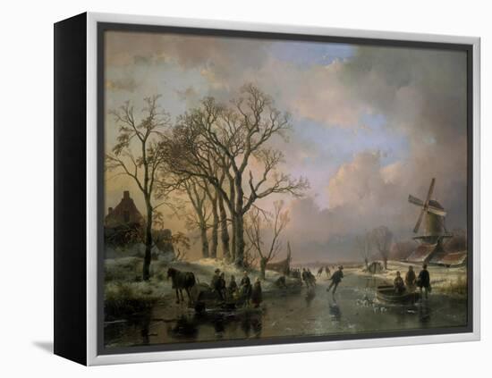 Skating in Holland, Showing a Winter Scene with Ice-Scaters and with a Windmill in the Background-Andreas Schelfhout-Framed Premier Image Canvas