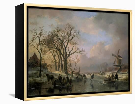 Skating in Holland, Showing a Winter Scene with Ice-Scaters and with a Windmill in the Background-Andreas Schelfhout-Framed Premier Image Canvas