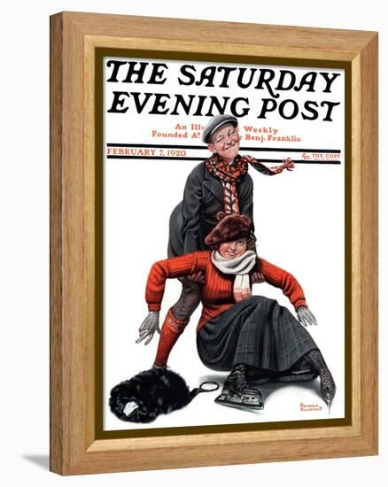 "Skating Lesson" Saturday Evening Post Cover, February 7,1920-Norman Rockwell-Framed Premier Image Canvas