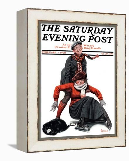 "Skating Lesson" Saturday Evening Post Cover, February 7,1920-Norman Rockwell-Framed Premier Image Canvas