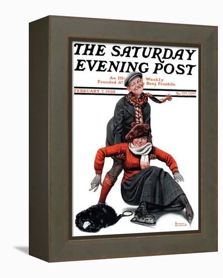 "Skating Lesson" Saturday Evening Post Cover, February 7,1920-Norman Rockwell-Framed Premier Image Canvas