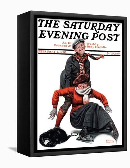 "Skating Lesson" Saturday Evening Post Cover, February 7,1920-Norman Rockwell-Framed Premier Image Canvas