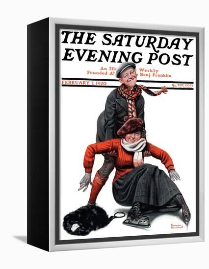 "Skating Lesson" Saturday Evening Post Cover, February 7,1920-Norman Rockwell-Framed Premier Image Canvas