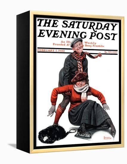 "Skating Lesson" Saturday Evening Post Cover, February 7,1920-Norman Rockwell-Framed Premier Image Canvas