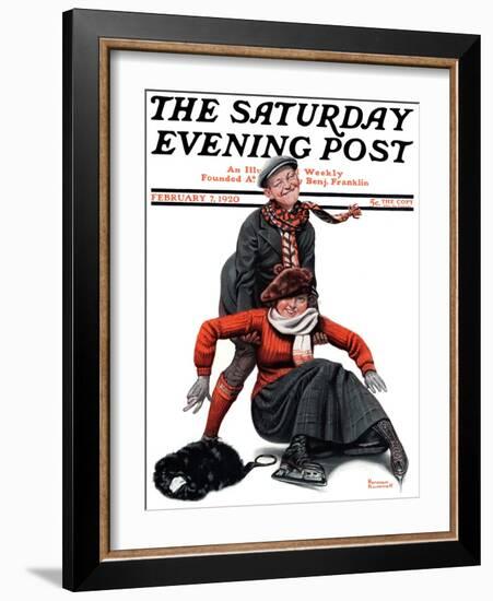 "Skating Lesson" Saturday Evening Post Cover, February 7,1920-Norman Rockwell-Framed Giclee Print