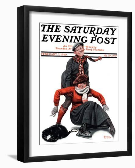 "Skating Lesson" Saturday Evening Post Cover, February 7,1920-Norman Rockwell-Framed Giclee Print