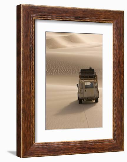 Skeleton Coast, Namibia. Land Rover Venturing Out over the Sand Dunes-Janet Muir-Framed Photographic Print