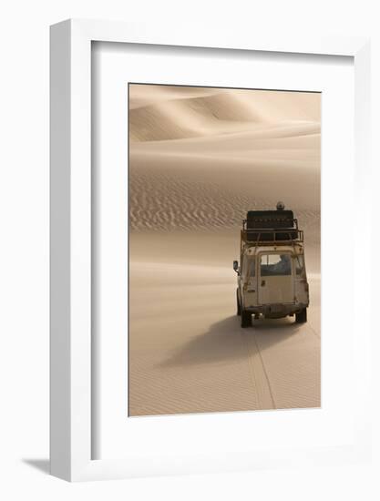 Skeleton Coast, Namibia. Land Rover Venturing Out over the Sand Dunes-Janet Muir-Framed Photographic Print