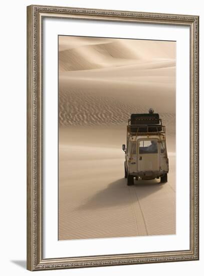Skeleton Coast, Namibia. Land Rover Venturing Out over the Sand Dunes-Janet Muir-Framed Photographic Print