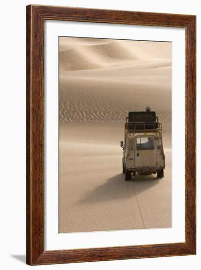 Skeleton Coast, Namibia. Land Rover Venturing Out over the Sand Dunes-Janet Muir-Framed Photographic Print