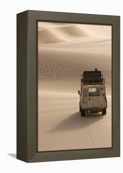 Skeleton Coast, Namibia. Land Rover Venturing Out over the Sand Dunes-Janet Muir-Framed Premier Image Canvas