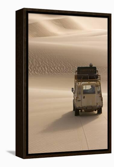 Skeleton Coast, Namibia. Land Rover Venturing Out over the Sand Dunes-Janet Muir-Framed Premier Image Canvas