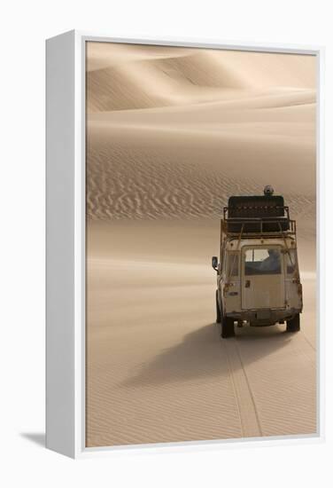 Skeleton Coast, Namibia. Land Rover Venturing Out over the Sand Dunes-Janet Muir-Framed Premier Image Canvas