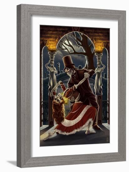 Skeletons Dancing in Graveyard-Lantern Press-Framed Art Print