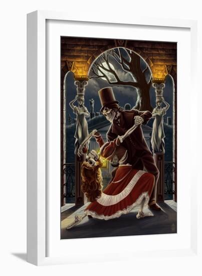 Skeletons Dancing in Graveyard-Lantern Press-Framed Art Print