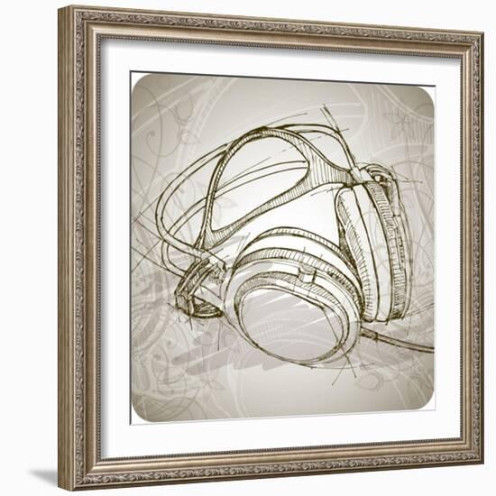 Sketch Of Headphones On The Background With Floral Patterns--Vladimir--Framed Art Print