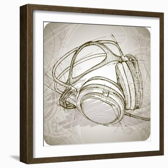 Sketch Of Headphones On The Background With Floral Patterns--Vladimir--Framed Art Print