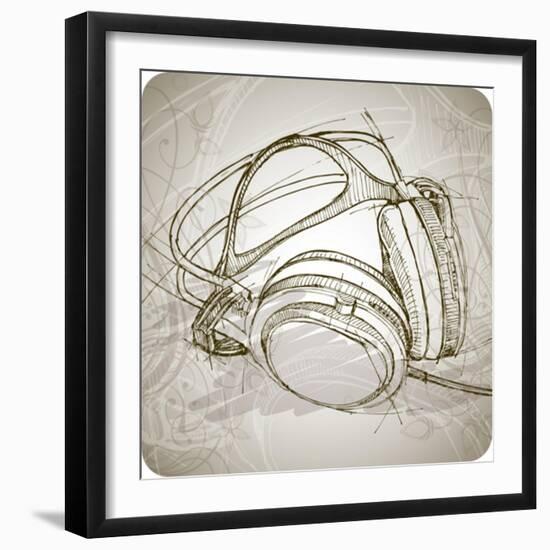 Sketch Of Headphones On The Background With Floral Patterns--Vladimir--Framed Art Print