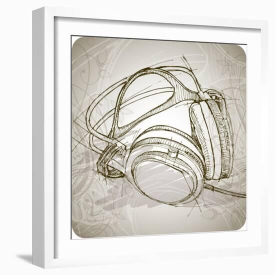 Sketch Of Headphones On The Background With Floral Patterns--Vladimir--Framed Art Print