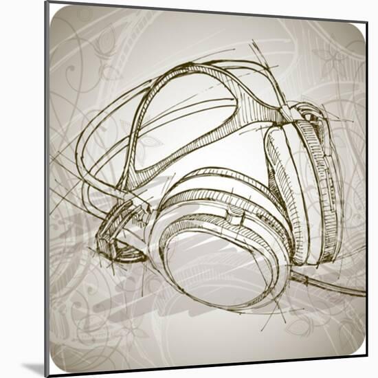 Sketch Of Headphones On The Background With Floral Patterns--Vladimir--Mounted Art Print