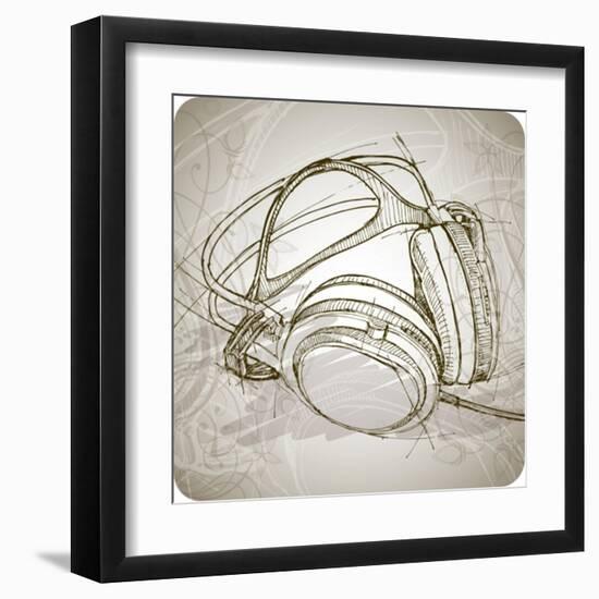 Sketch Of Headphones On The Background With Floral Patterns--Vladimir--Framed Art Print