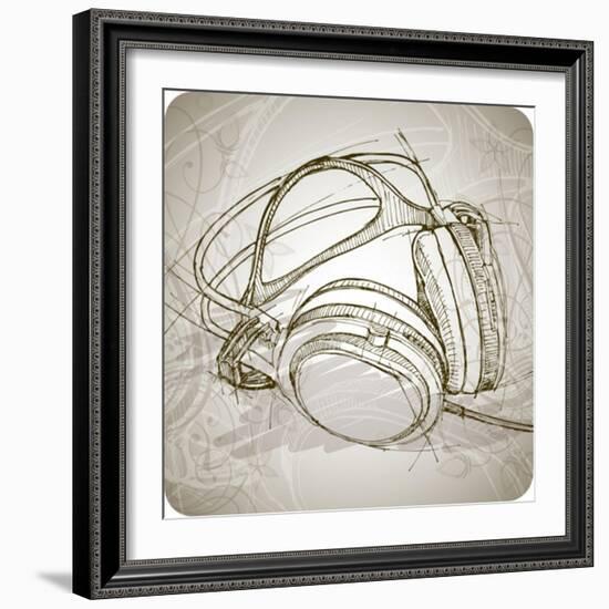 Sketch Of Headphones On The Background With Floral Patterns--Vladimir--Framed Premium Giclee Print