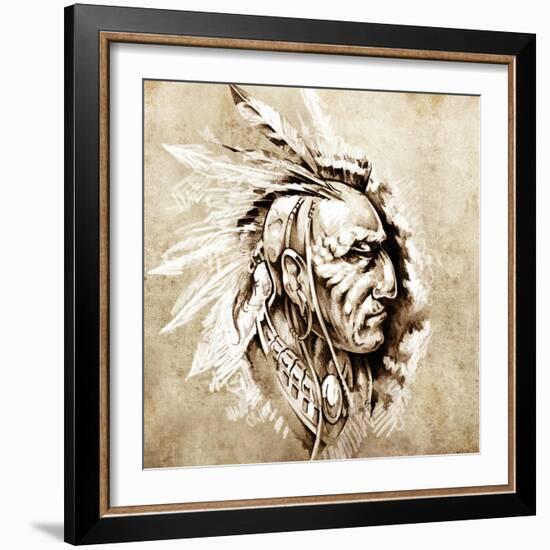 Sketch Of Tattoo Art, American Indian Chief Illustration-outsiderzone-Framed Art Print
