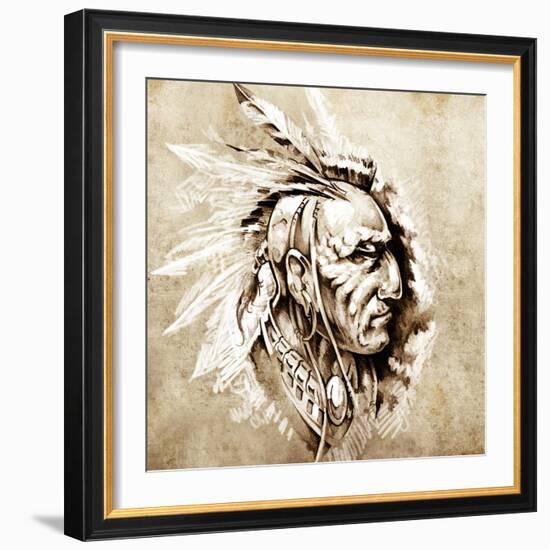 Sketch Of Tattoo Art, American Indian Chief Illustration-outsiderzone-Framed Art Print