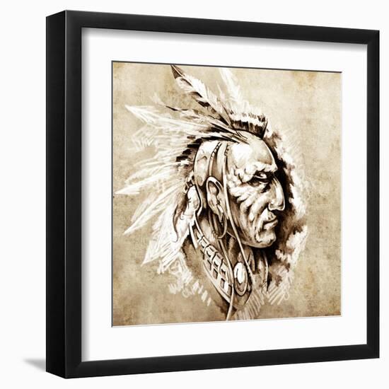 Sketch Of Tattoo Art, American Indian Chief Illustration-outsiderzone-Framed Art Print