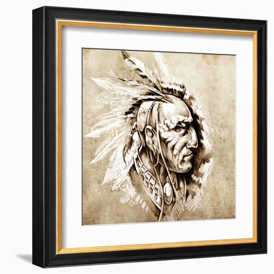 Sketch Of Tattoo Art, American Indian Chief Illustration-outsiderzone-Framed Art Print