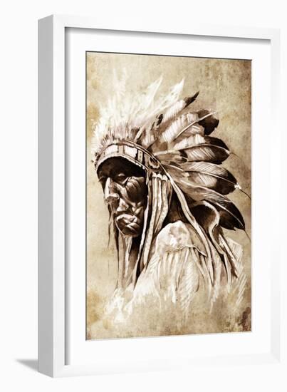 Sketch Of Tattoo Art, Indian Head, Chief, Vintage Style-outsiderzone-Framed Premium Giclee Print