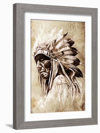 Sketch Of Tattoo Art, Indian Head, Chief, Vintage Style-outsiderzone-Framed Art Print