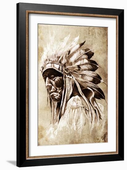 Sketch Of Tattoo Art, Indian Head, Chief, Vintage Style-outsiderzone-Framed Art Print