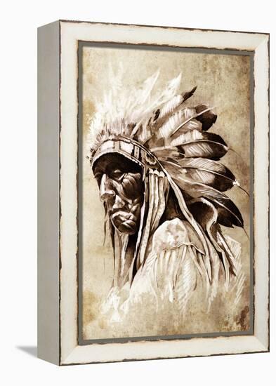 Sketch Of Tattoo Art, Indian Head, Chief, Vintage Style-outsiderzone-Framed Stretched Canvas